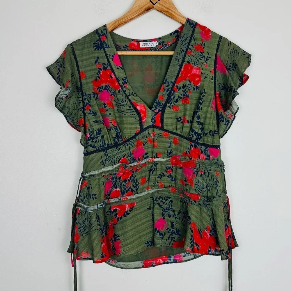 Tanya Taylor “Antia” silk floral green, red and blue v-neck blouse. Size 2 - Picture 5 of 8
